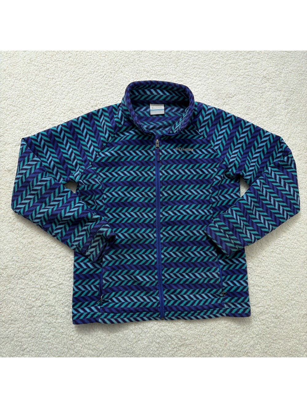 Columbia Sportswear Full Zip Fleece Jacket XL Blue Teal Purple Chevron Print
